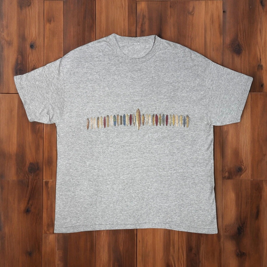 Vintage Y2K Surfboard Graphic T-Shirt Gray Short Sleeve Coastal Surf Culture