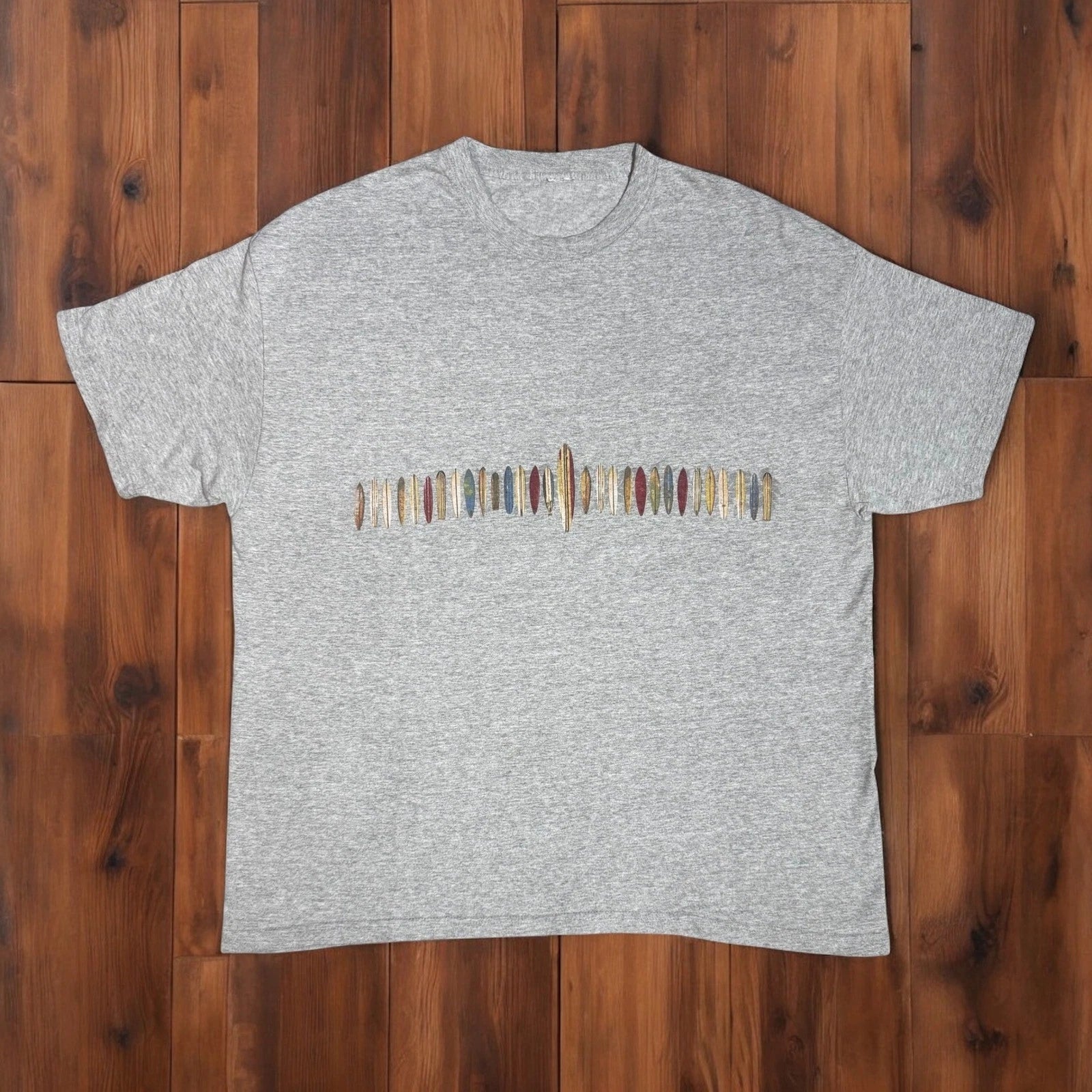 Vintage Y2K Surfboard Graphic T-Shirt Gray Short Sleeve Coastal Surf Culture