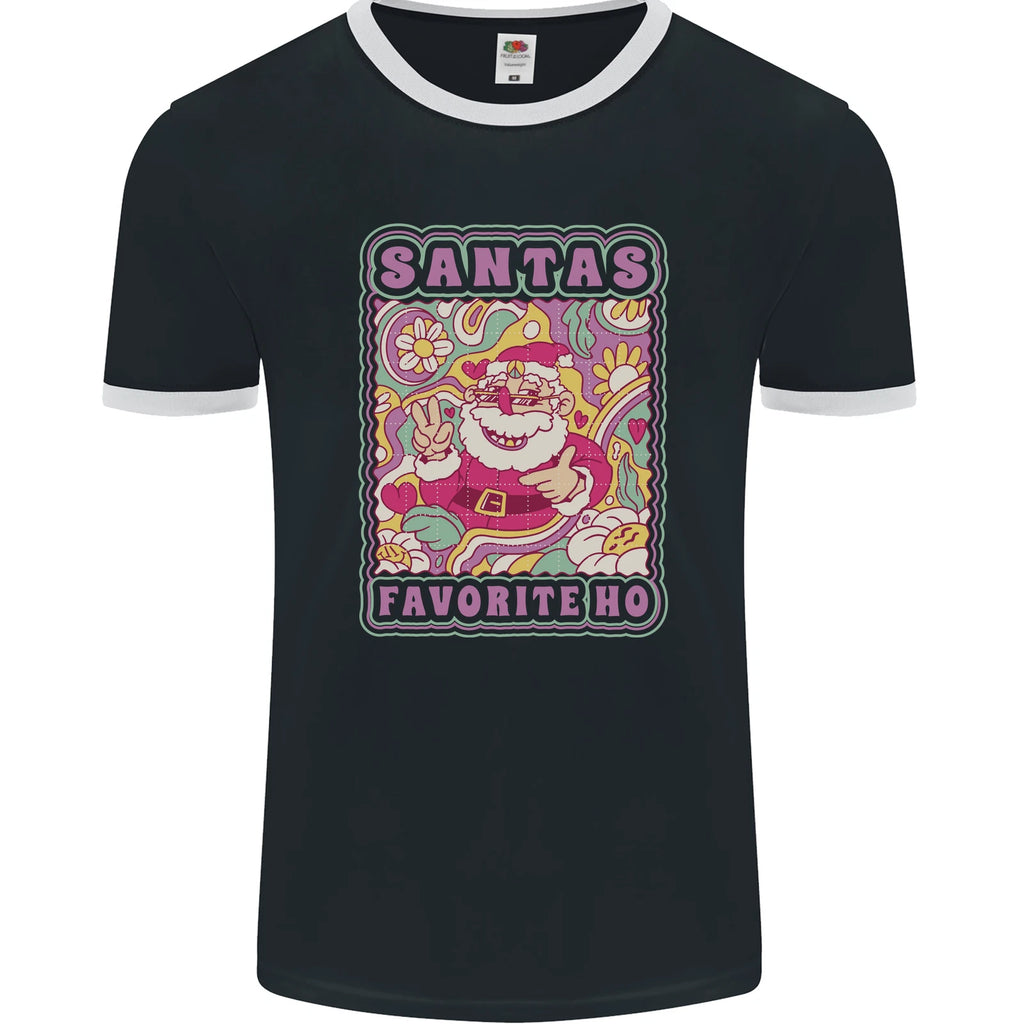 Santa's Favourite HO Funny Hippy Trippy Christmas Mens Ringer T-Shirt FotL