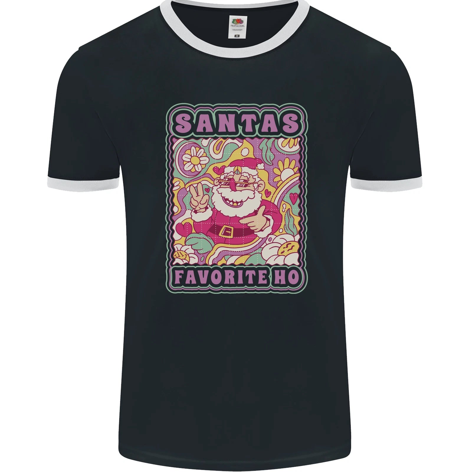 Santa's Favourite HO Funny Hippy Trippy Christmas Mens Ringer T-Shirt FotL