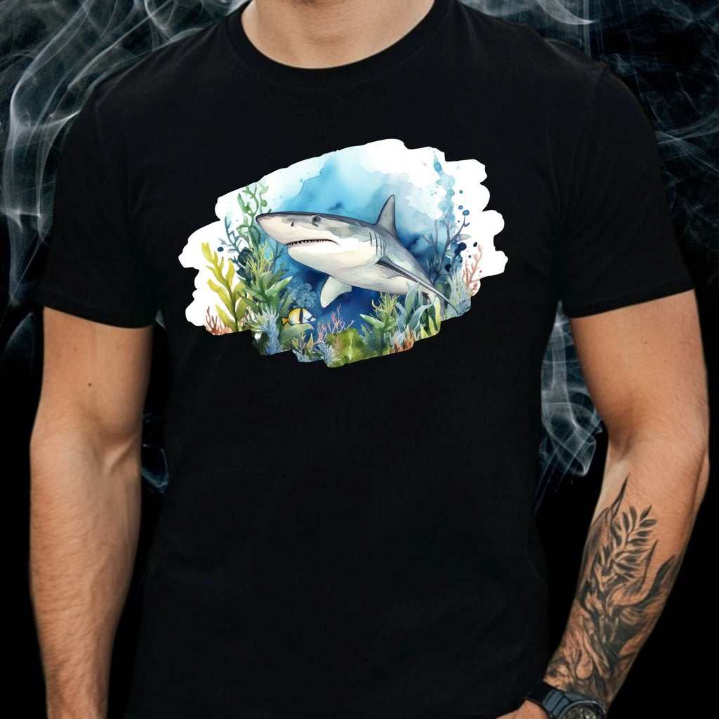 Mens Shark Watercolour Motif Cotton T-Shirt Size XS to 5XL