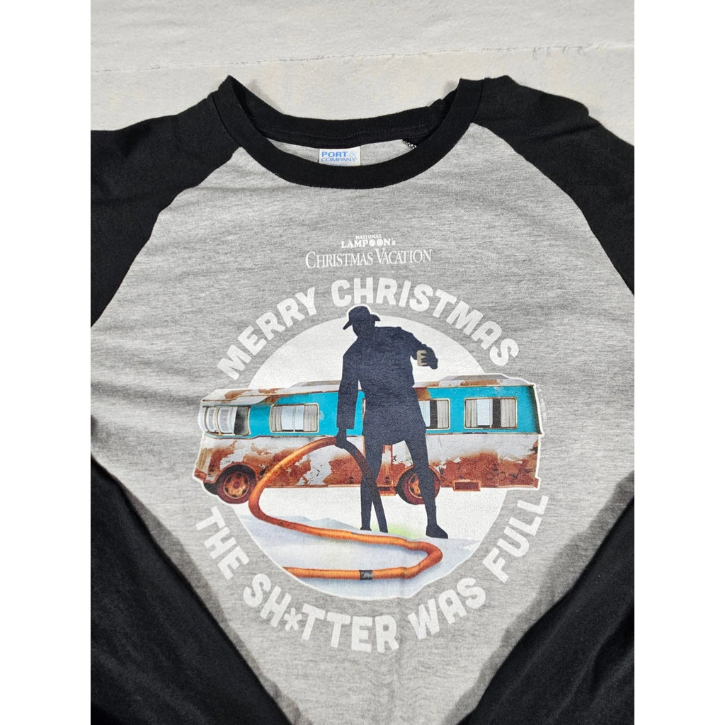 Christmas Vacation Sh*tter Was Full Raglan Baseball Tee Mens Large Gray Black