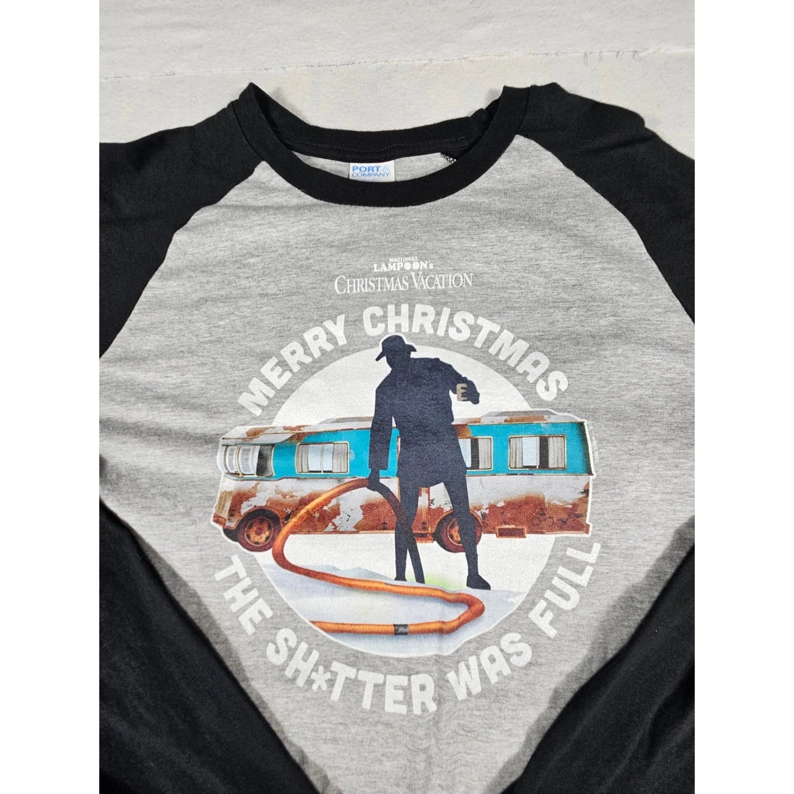 Christmas Vacation Sh*tter Was Full Raglan Baseball Tee Mens Large Gray Black