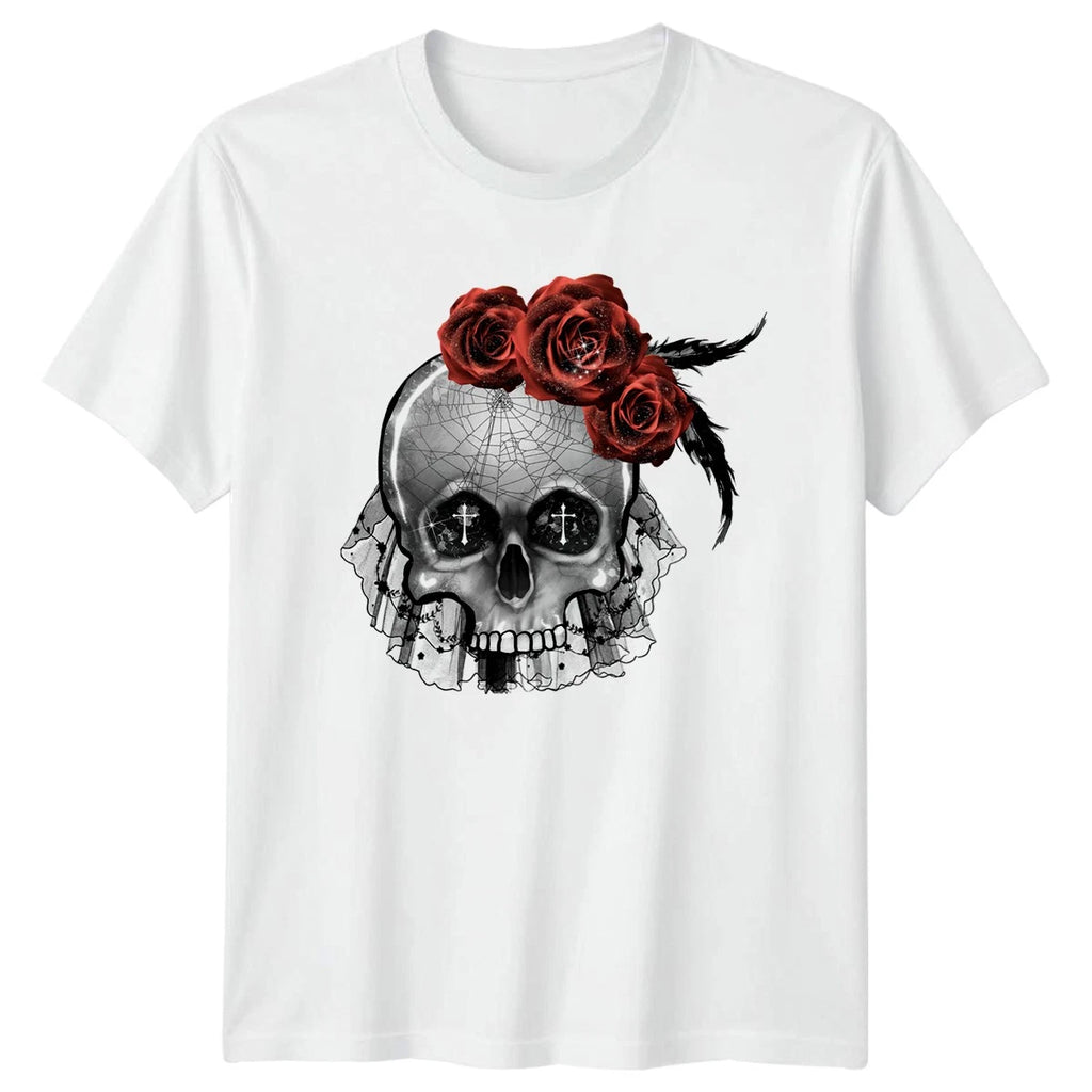 Gothic Skull Red Roses Womens T-Shirt Gothic Alternative Birthday Gift For Her