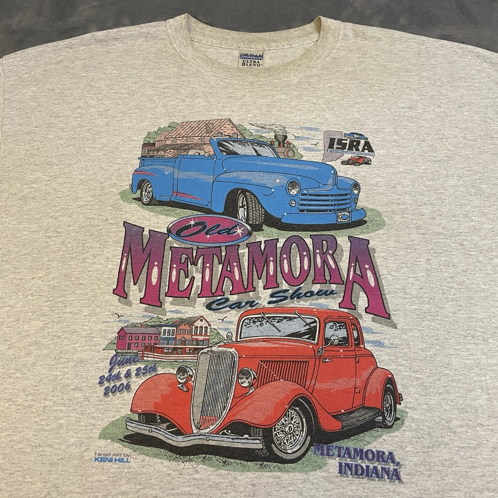 Vintage Old Metamora Hot Rod Car Show T-Shirt Men’s 2XL Muscle Car Gray Artwork
