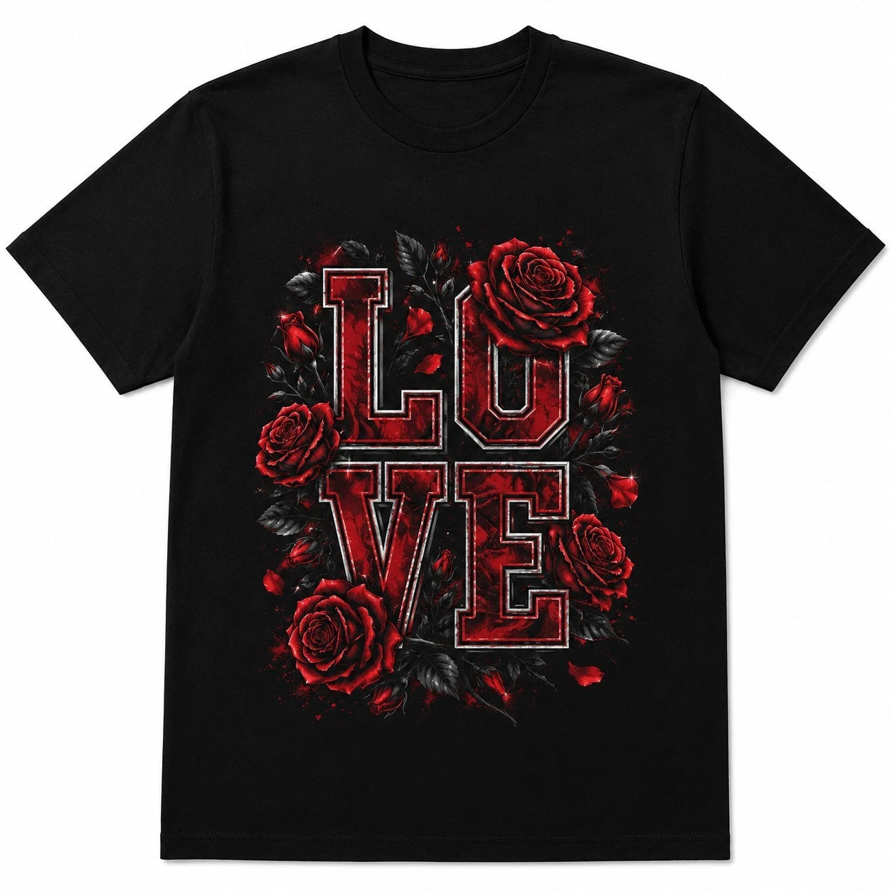 Red Roses Love T-Shirt Dark Romance Graphic Tee Gothic Floral Print Black Cotton