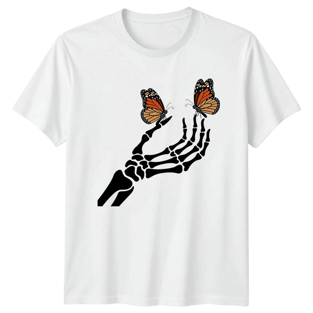 Skeleton Hand With Butterflies Womens T-Shirt Monarch Butterfly Gothic Nature