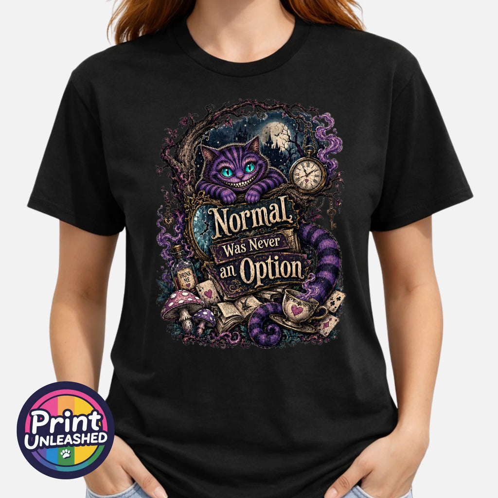 Normal Was Never An Option Tee Funny Grinning Cat Graphic T-Shirt Unisex S-2XL