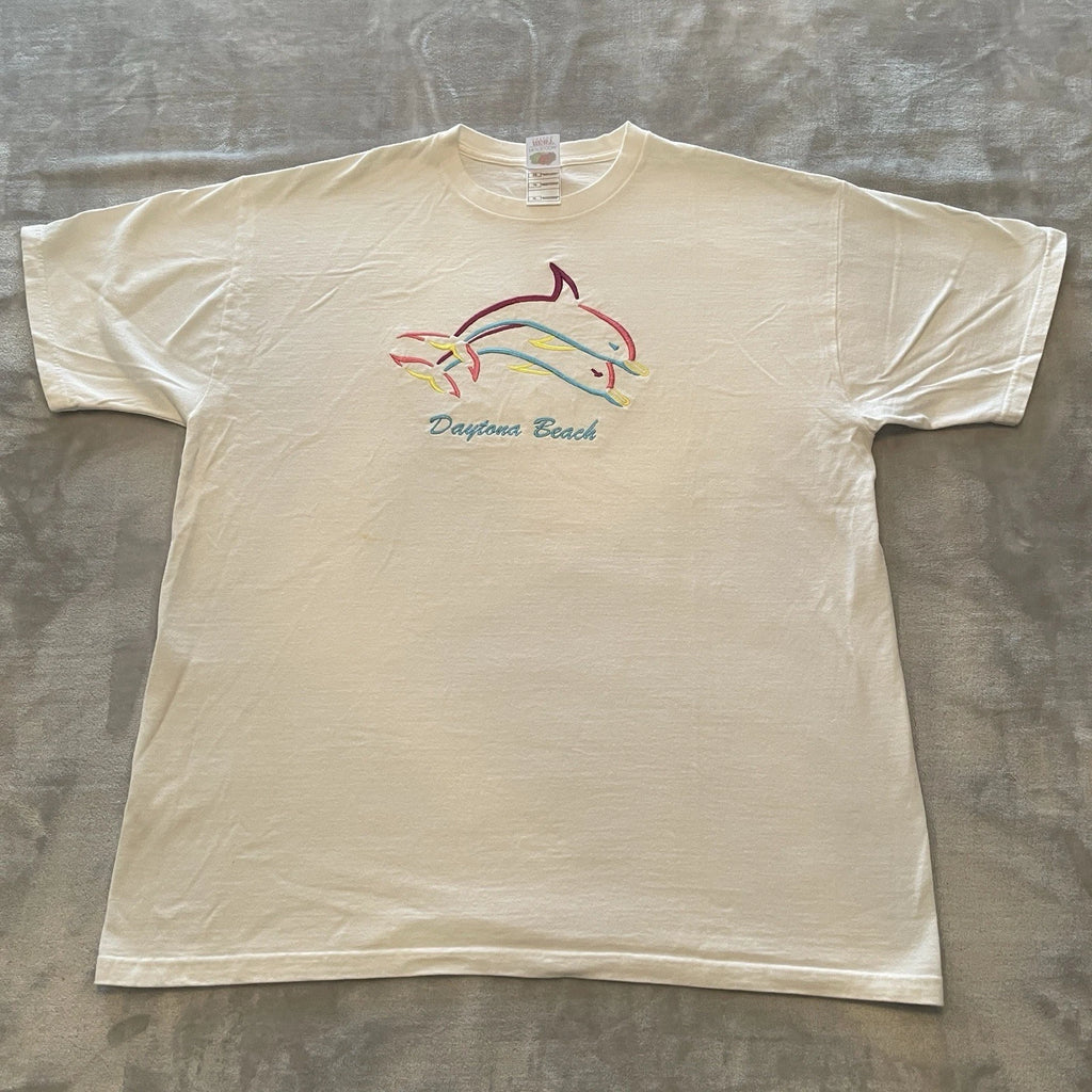 Vintage 90s Daytona Beach T-Shirt Mens XL Dolphins Art Marine Life Florida White
