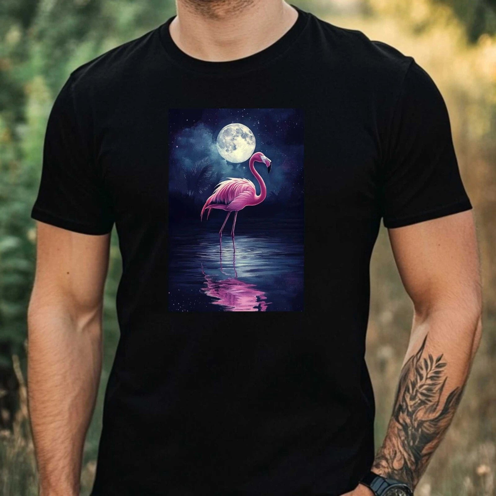 Mens Flamingo In Moonlight Motif Cotton T-Shirt Size XS to 5XL