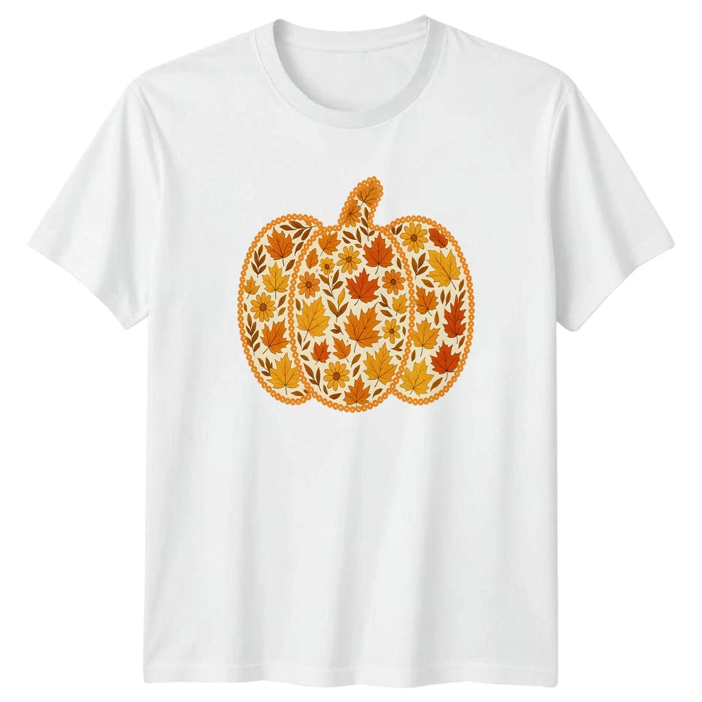 Autumn Harvest Floral Pumpkin Fall Womens T-Shirt Boho Maple Leaf Seasonal