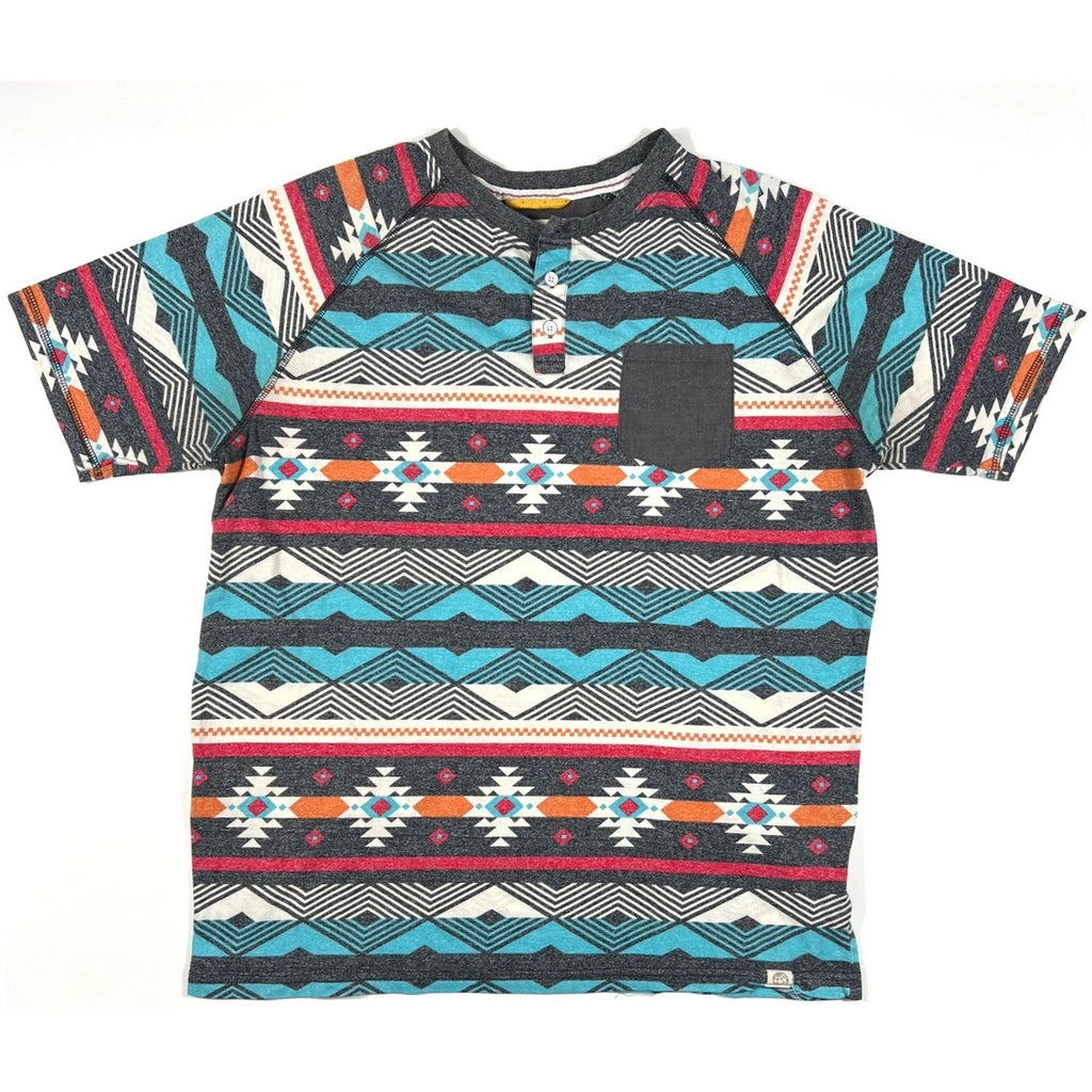 Free Planet Henley Tee Men's Large Southwestern Aztec Print Pocket Short Sleeve
