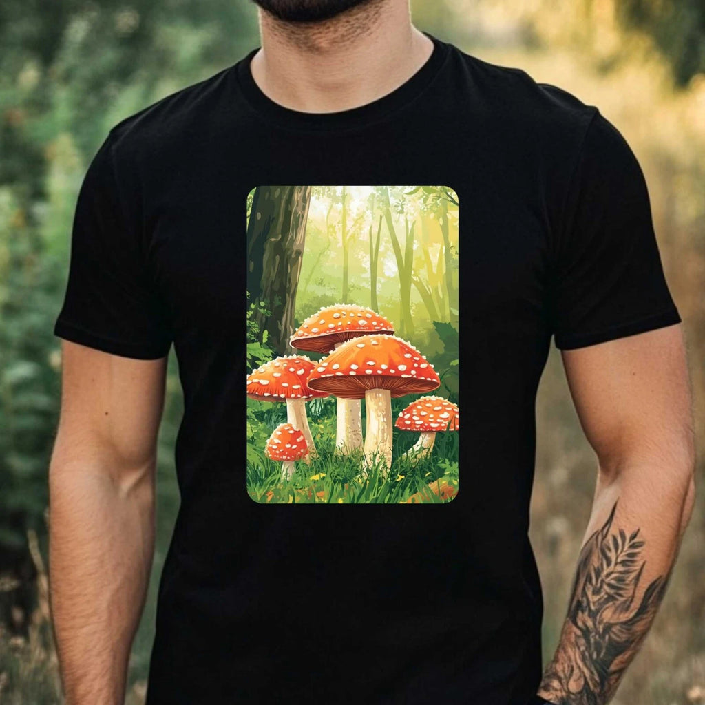 Mens T-Shirt Mushroom Forest Motif Cotton Size XS to 5XL