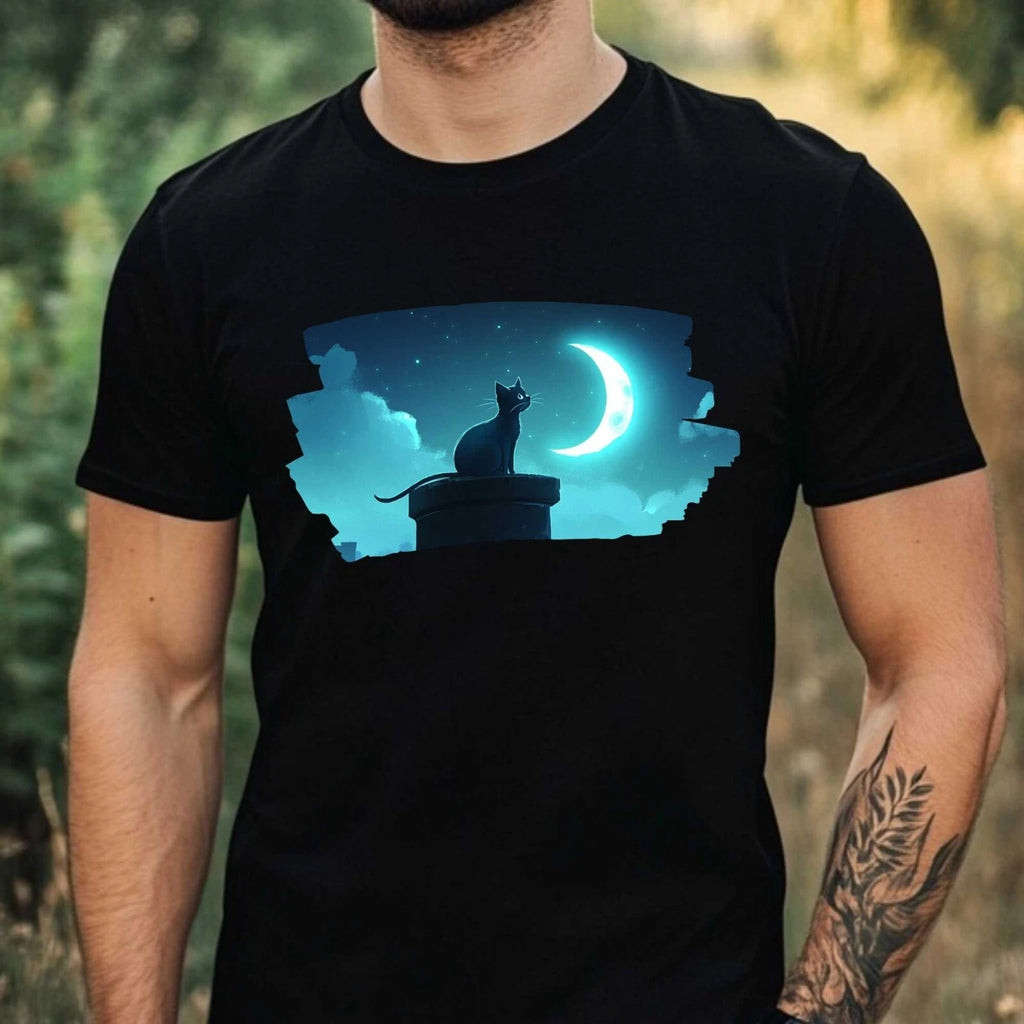 Mens Cat and Moon Print Cotton T-Shirt Size XS to 5XL