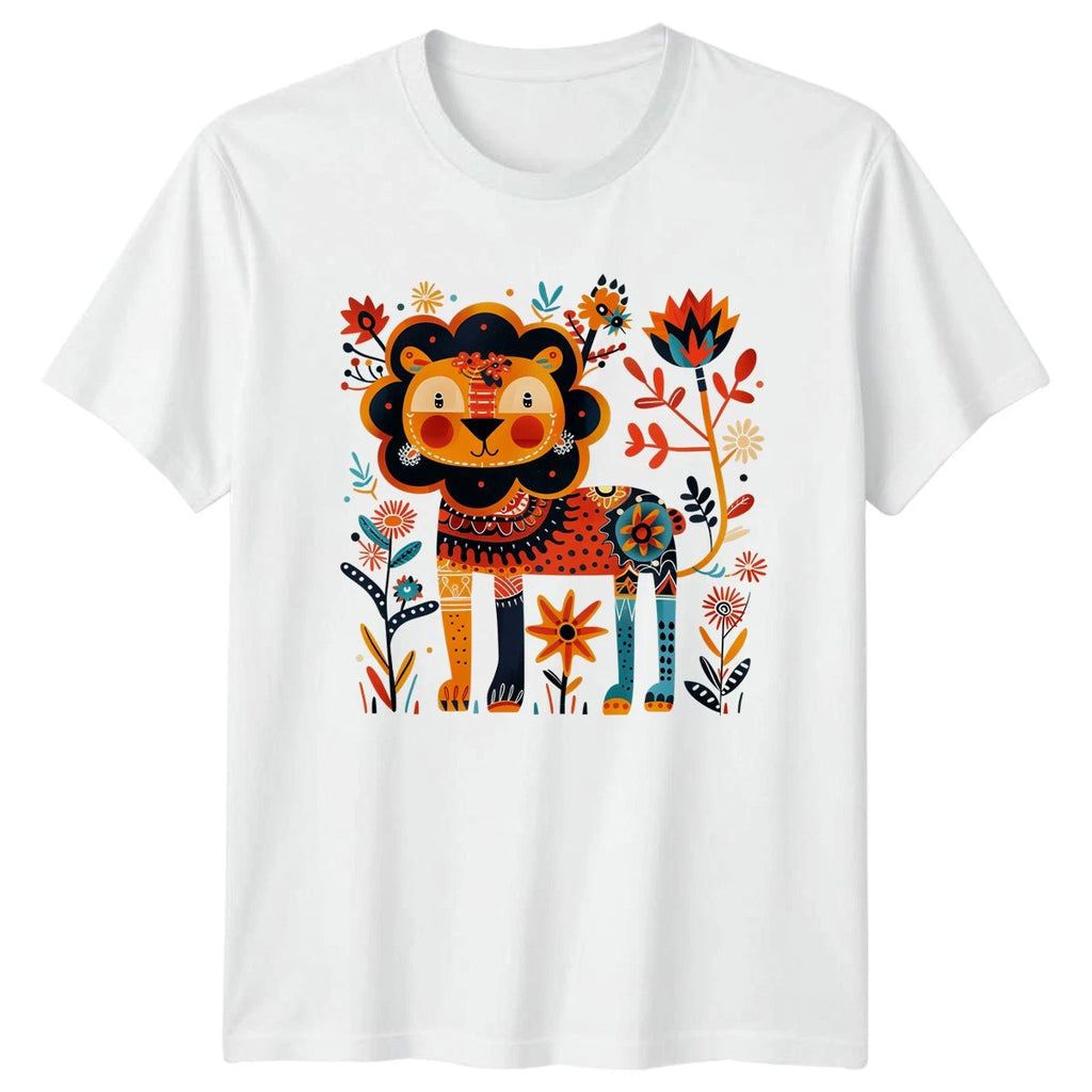 Colorful Folk Art Lion Surrounded T-Shirt Boho Floral Wildlife Birthday Gift