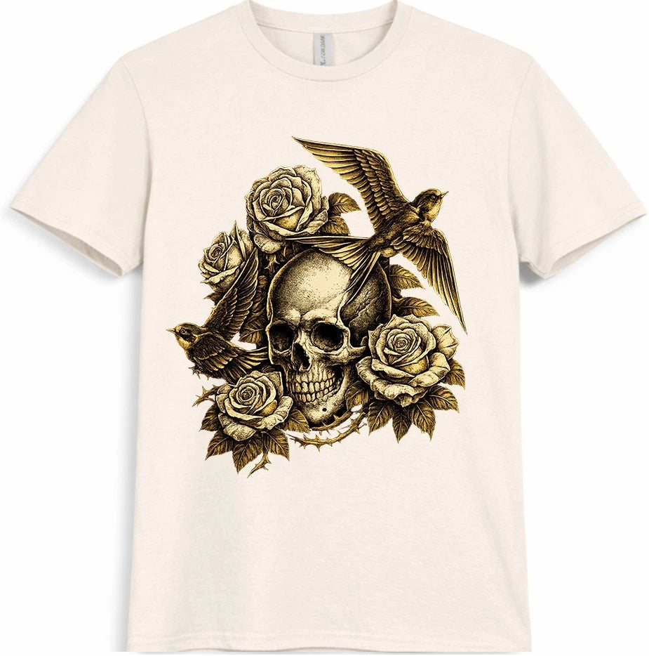 Skull Rose Birds T Shirt Gothic Floral Graphic Tattoo Style Vintage Dark Tee