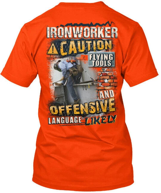 Sarcastic Ironworker Caution Flying Tools T-Shirt Made in the USA Size S to 5XL