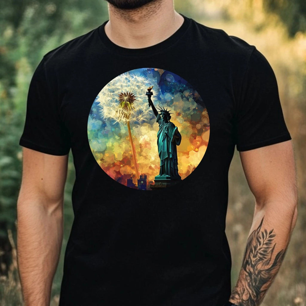 Mens Statue of Liberty Dandelion Print Cotton T-Shirt Size XS to 5XL