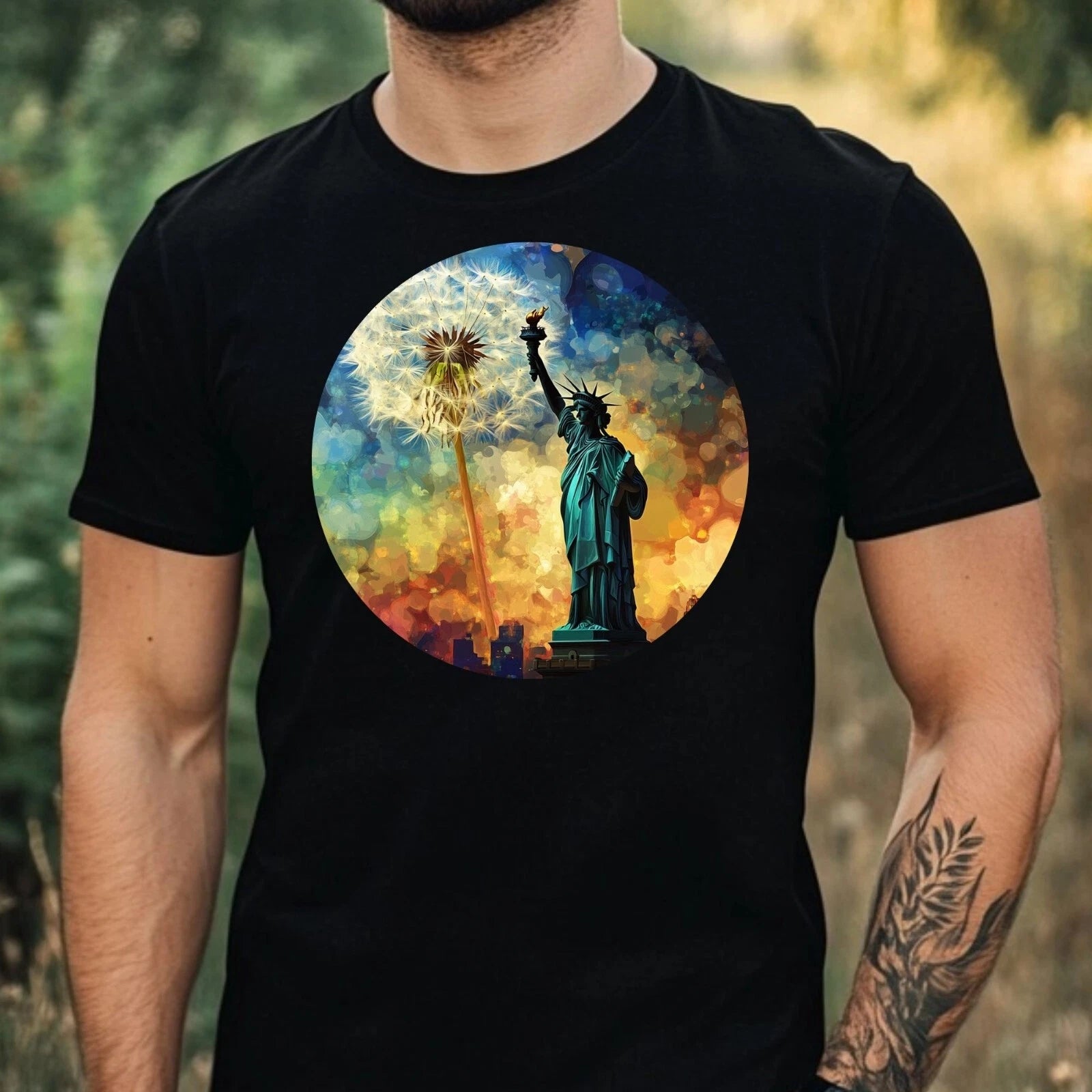 Mens Statue of Liberty Dandelion Print Cotton T-Shirt Size XS to 5XL