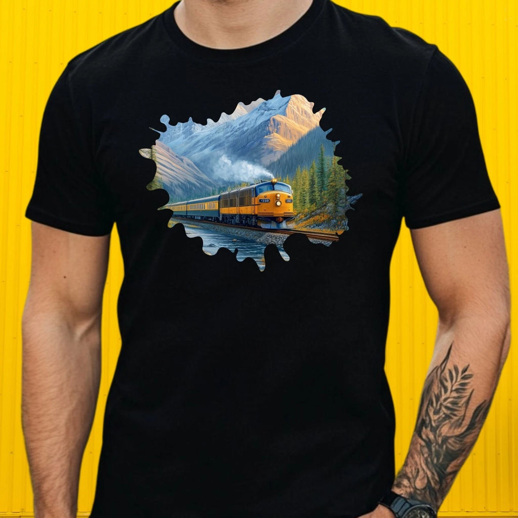 Mens Train Illustration Motif Cotton T-Shirt Size XS to 5XL