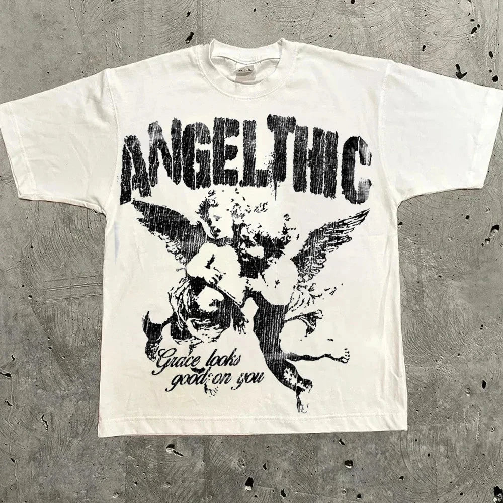 Angel Thic Wings God Mens Y2K Graphic T Shirt Streetwear Cotton Tee S-3XL