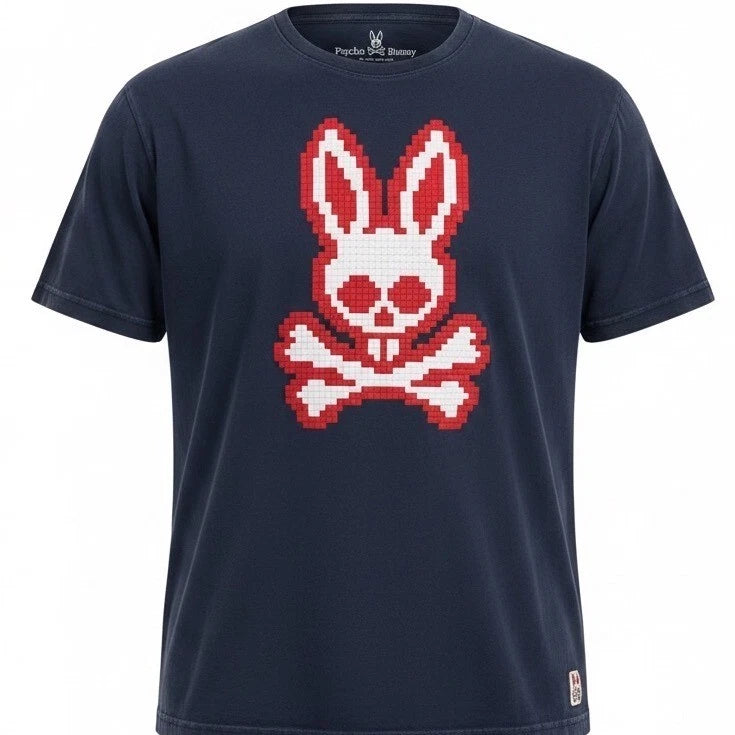 Psycho Bunny Graphic T-Shirt Mens 3XL Navy Pixel Bunny Skull Streetwear Y2K