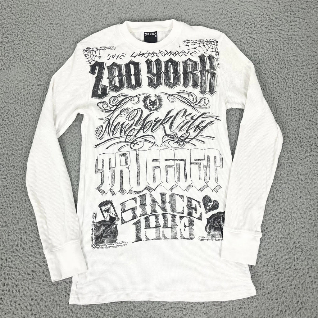 Zoo York Shirt Mens Medium White Thermal Long Sleeve New York City Graphic Y2K