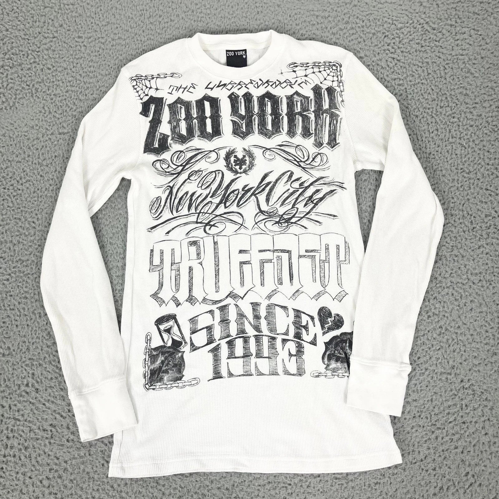 Zoo York Shirt Mens Medium White Thermal Long Sleeve New York City Graphic Y2K