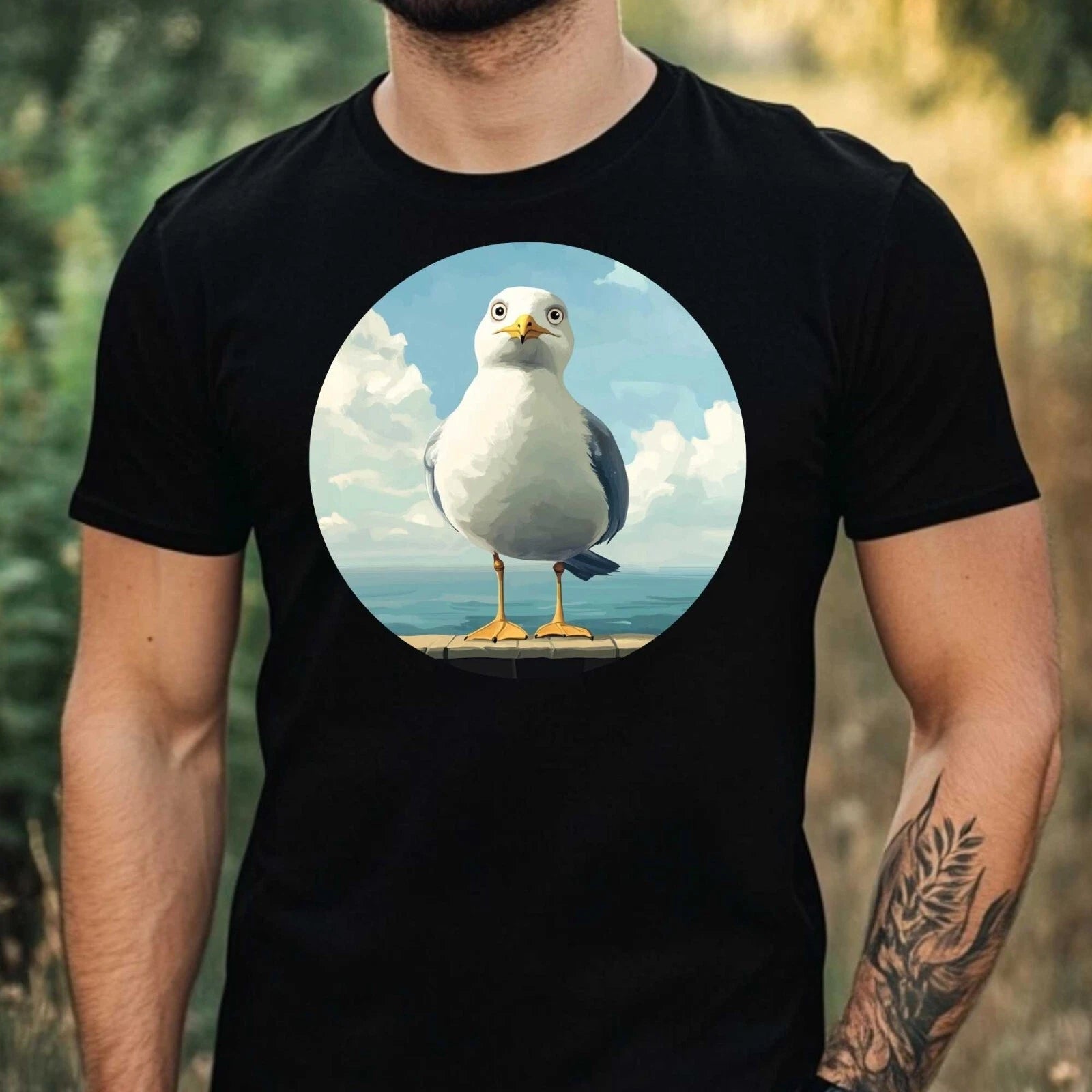 Mens Funny Seagull Motif Cotton T-Shirt Size XS to 5XL