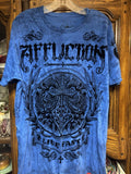 Affliction Men’s T-shirt Large Blue/ Black Graphics Distress Punk Grunge Y2K