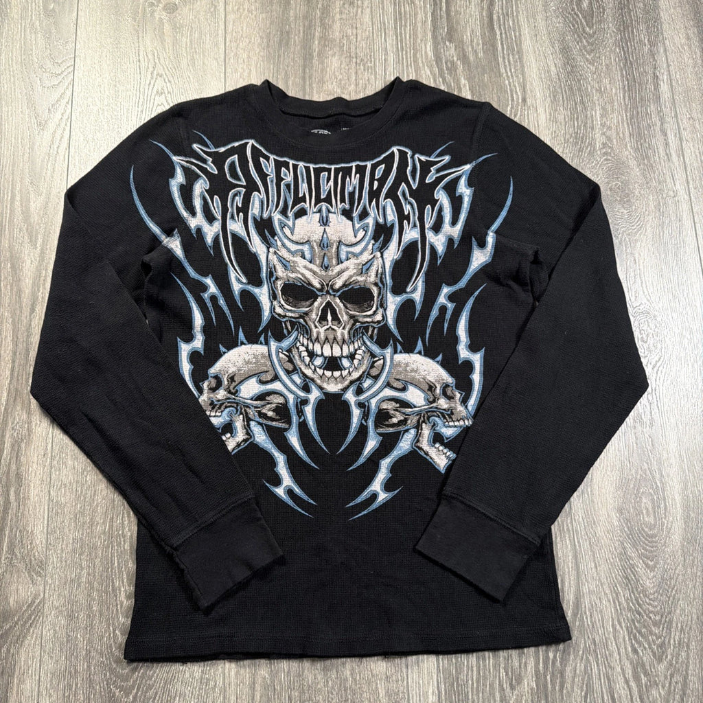 Vintage Y2K Affliction Ice Inferno Tribal Skull Long Sleeve Thermal Shirt MEDIUM