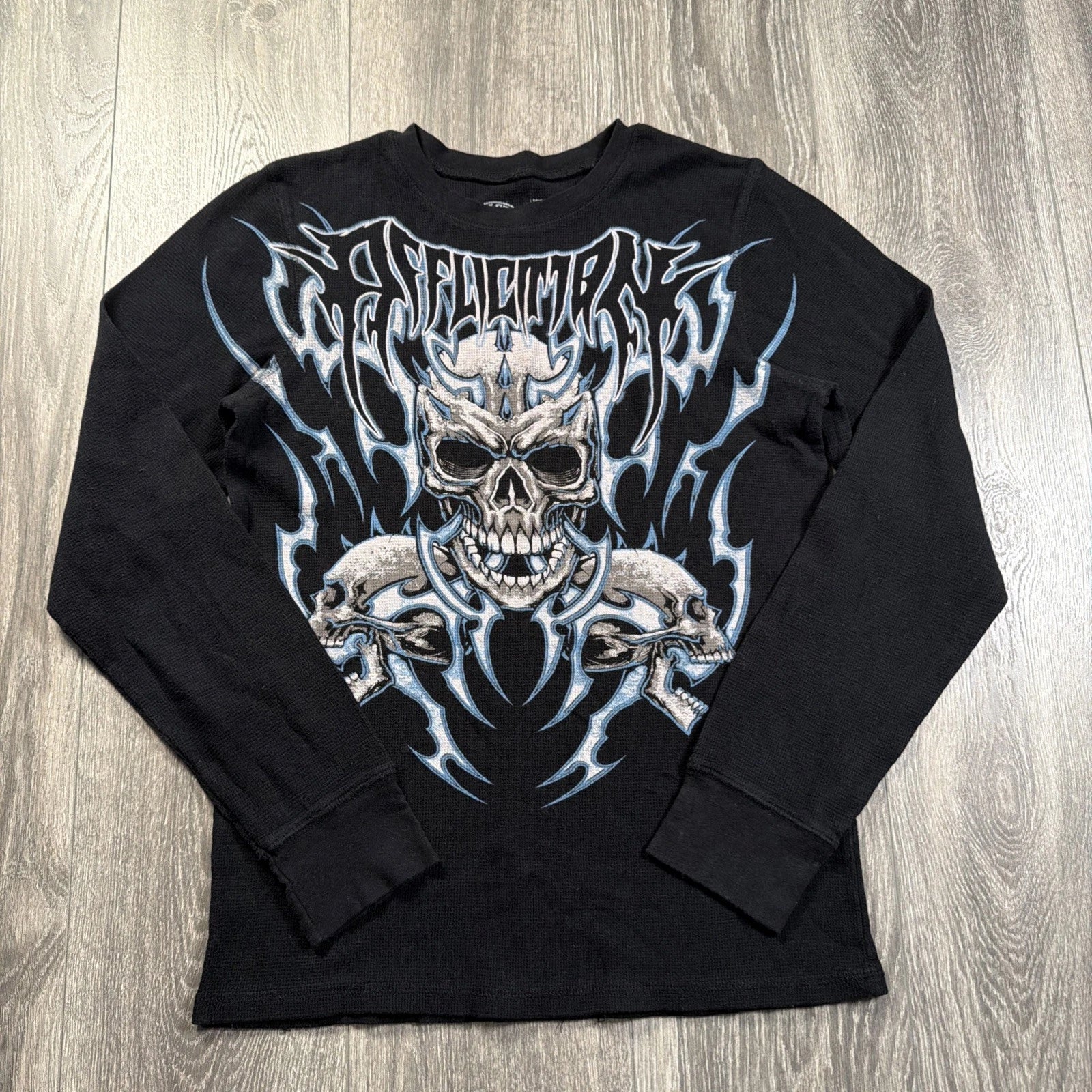 Vintage Y2K Affliction Ice Inferno Tribal Skull Long Sleeve Thermal Shirt MEDIUM