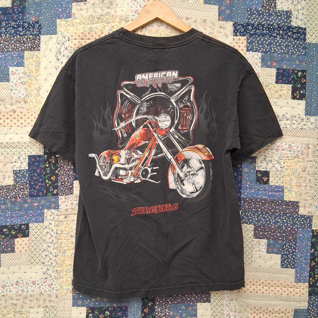 American Chopper Fire Bike Graphic T Shirt Size Large Black Faded Y2K Bikercore