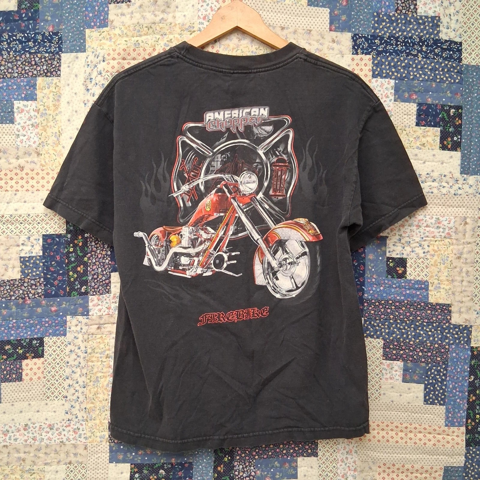 American Chopper Fire Bike Graphic T Shirt Size Large Black Faded Y2K Bikercore