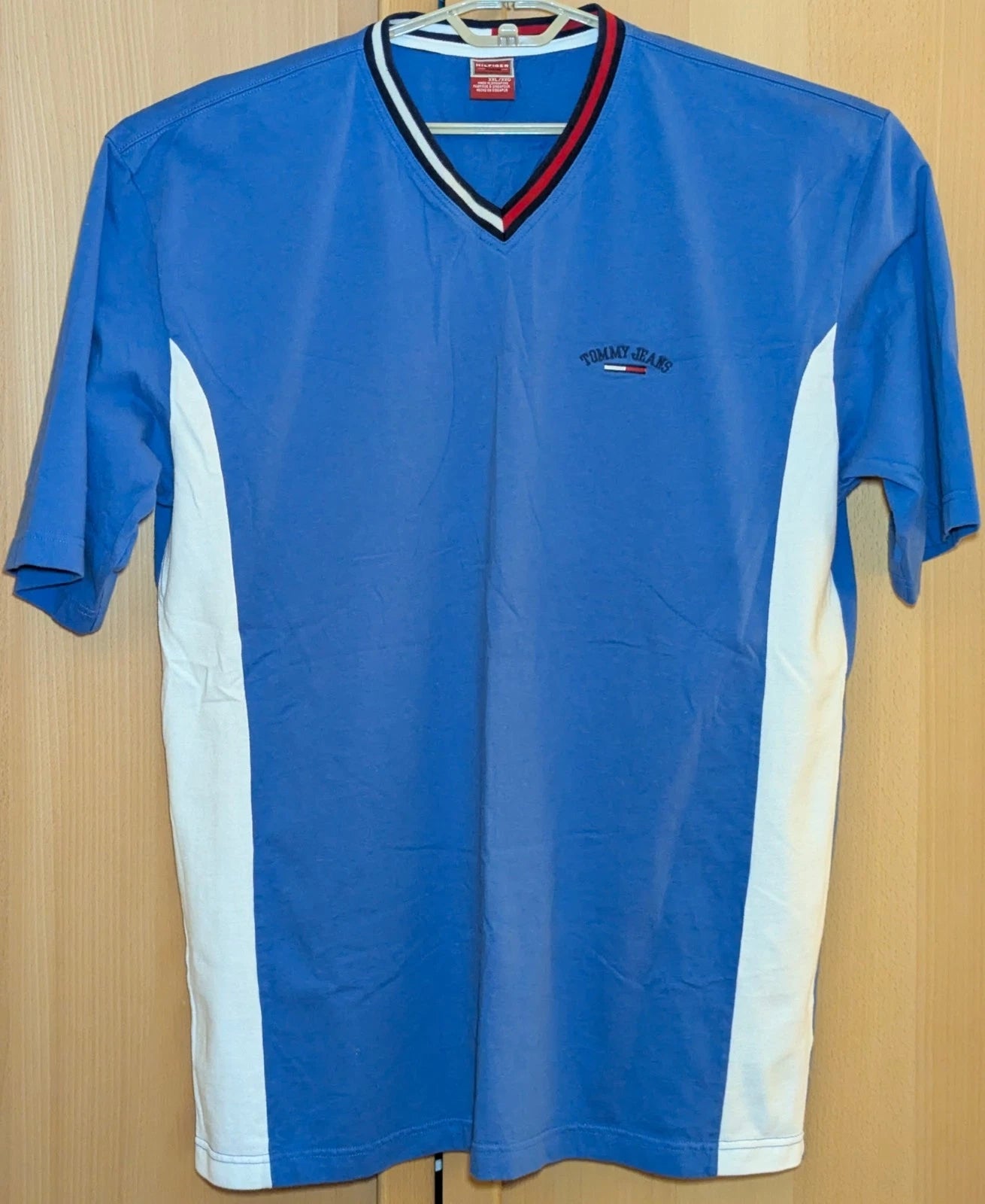 Vintage Y2K Tommy Jeans Mens Blue XXL V Neck Shirt Hilfiger Denim Colorblock