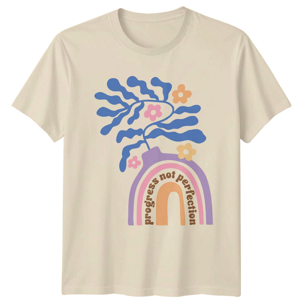 Progress Not Perfection Rainbow Floral Boho Nature Womens T-Shirt