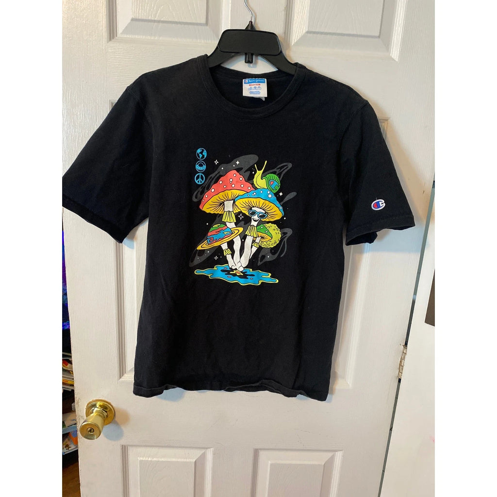 Champion Mens Graphic Tee Black Psychedelic Mushroom Snail Space T-Shirt Medium