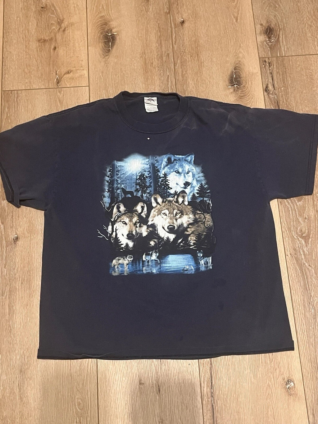 Vintage Y2K Howling WOLFPACK fullmoon T-shirt Mens L Blue Nature