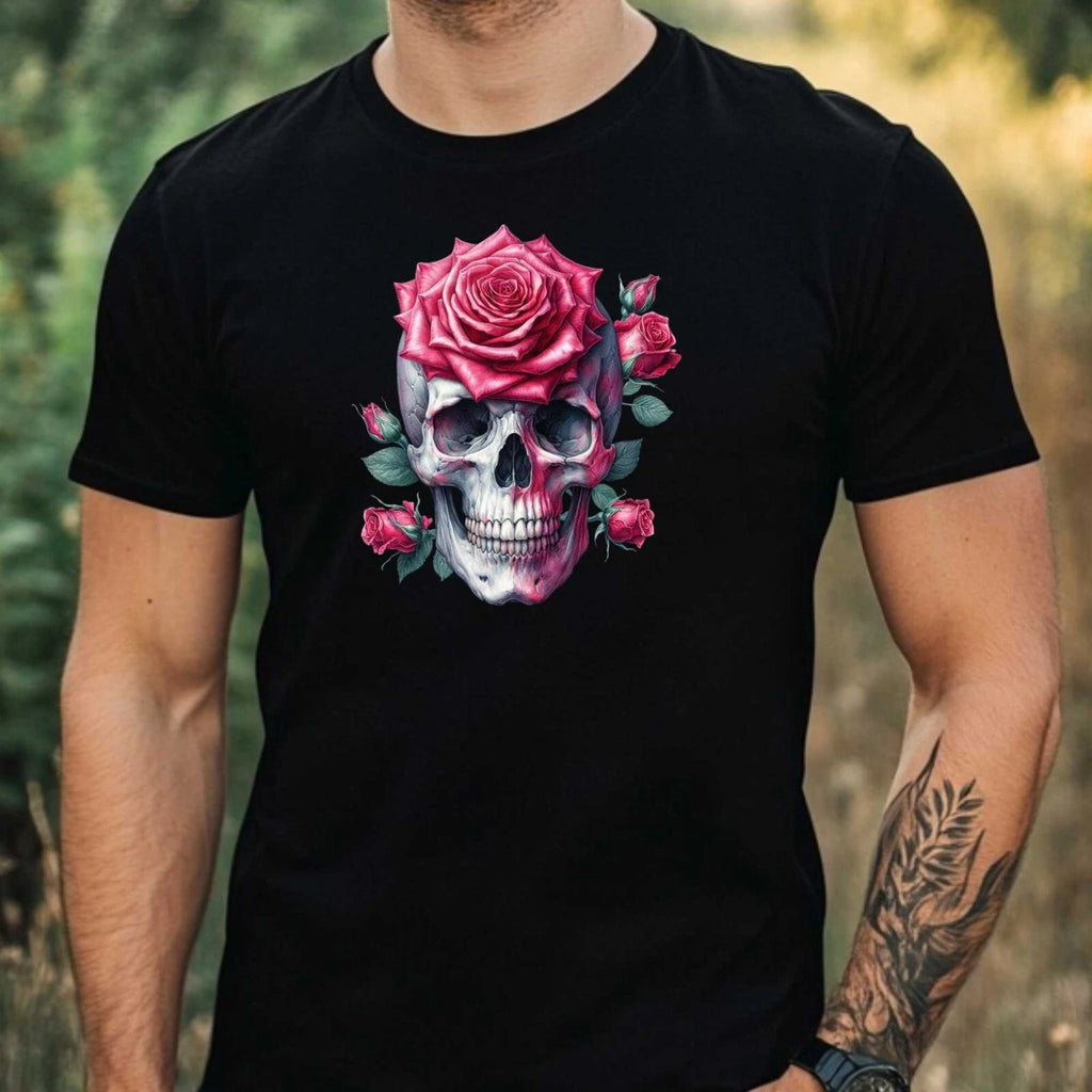 Mens Watercolour Rose Skull Motif Cotton T-Shirt Size XS to 5XL