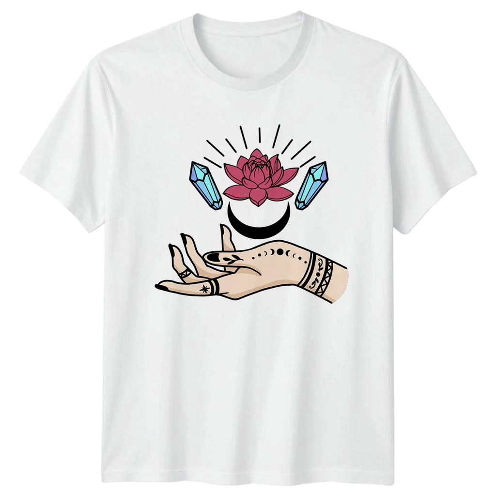 Mystical Hand Lotus Crystal Lunar Spiritual Boho Unisex Graphic Tee Men Womens