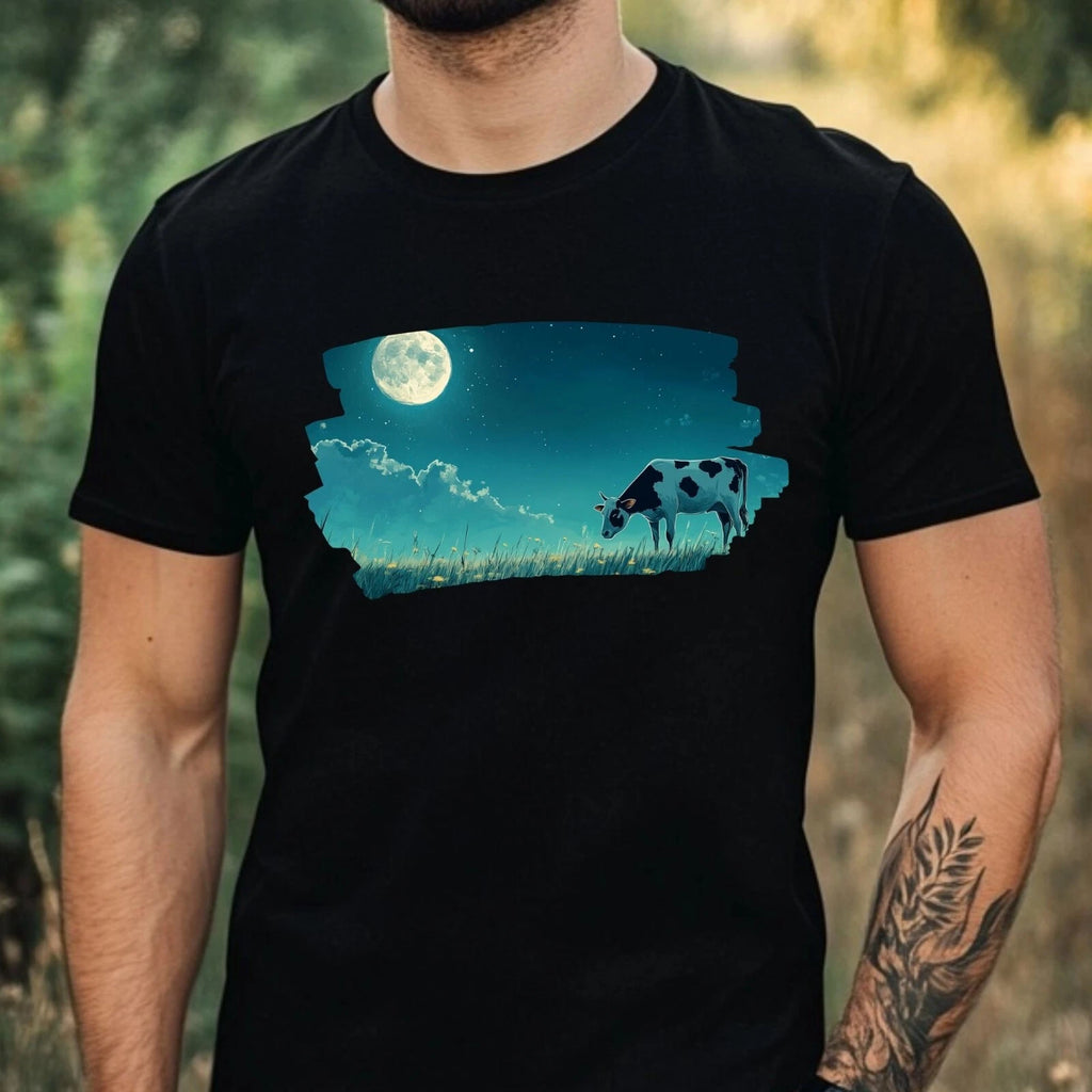Mens Cow at Full Moon Motif Cotton T-Shirt Size XS to 5XL