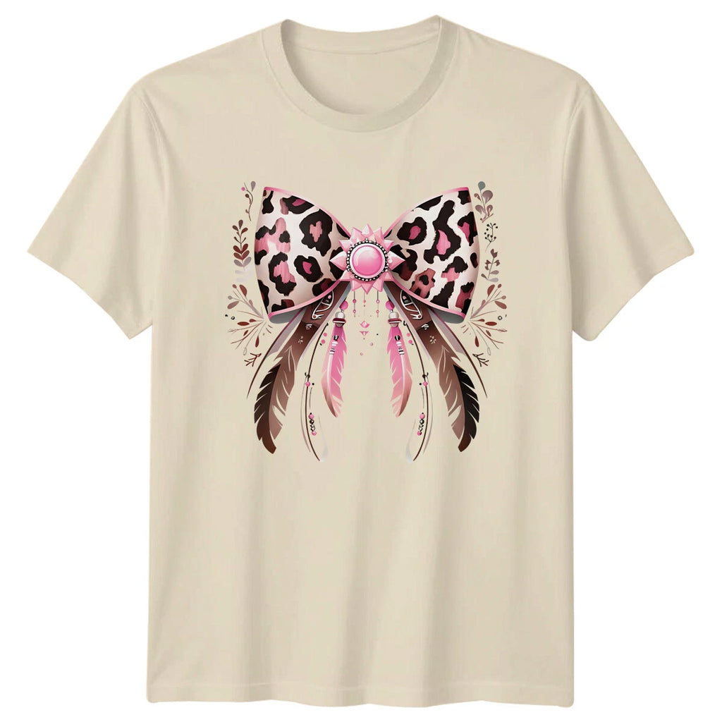 Leopard Print Bow Feathers Boho Fashion Womens T-Shirt Mens Tee Graphic