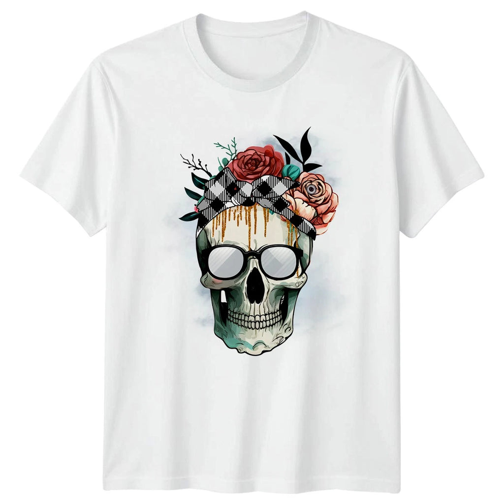 Boho Chic Floral Skull With Glasses Womens T-Shirt Style Birthday Gift For Her