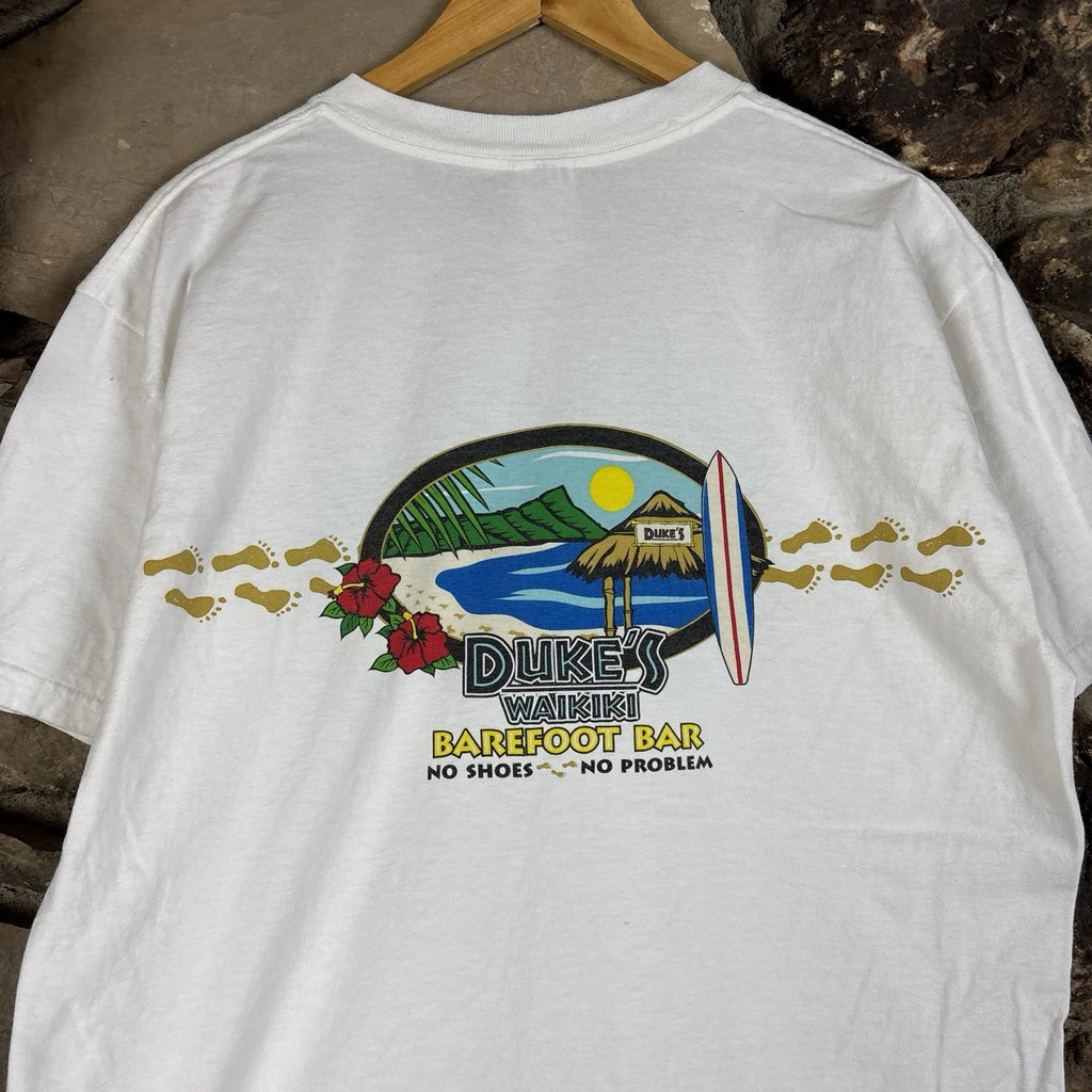 Vintage Y2K Duke's Waikiki Hawaii Barefoot Bar T Shirt L Surfboard Surf Beach