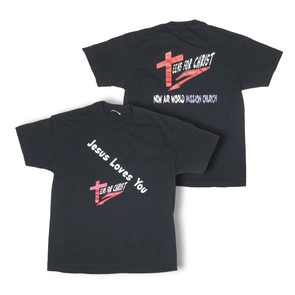 Vintage 90s Y2K Jesus Loves You Teens for Christ Double-Sided Black T-Shirt L/XL