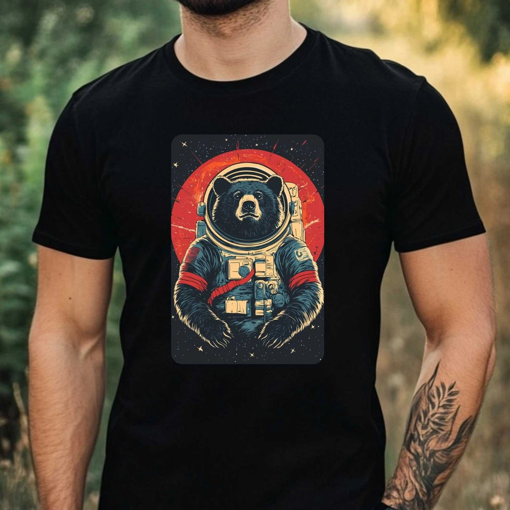 Mens Black Bear Astronaut Print Cotton T-Shirt Size XS to 5XL