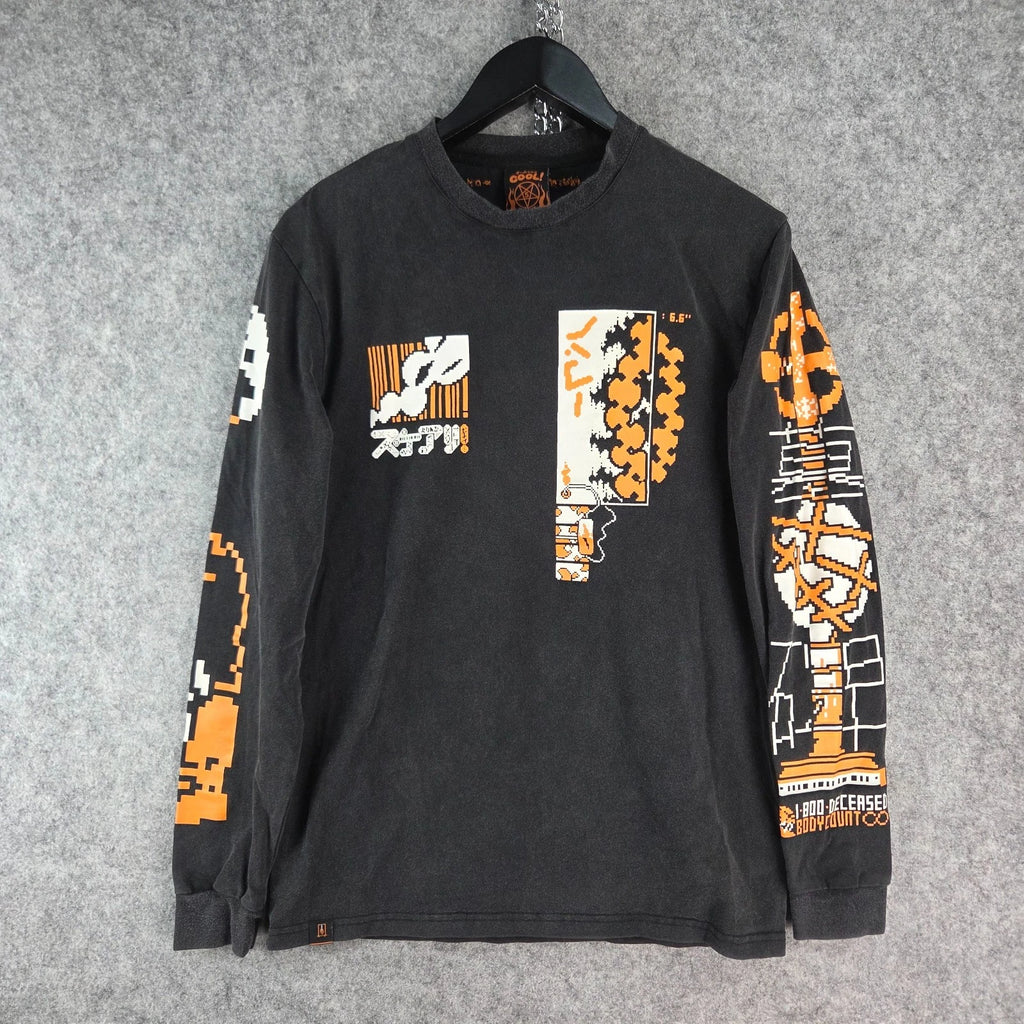 Cool Shirt Mens Small Black Graphic Pixel Art Long Sleeve Crew Neck 16049