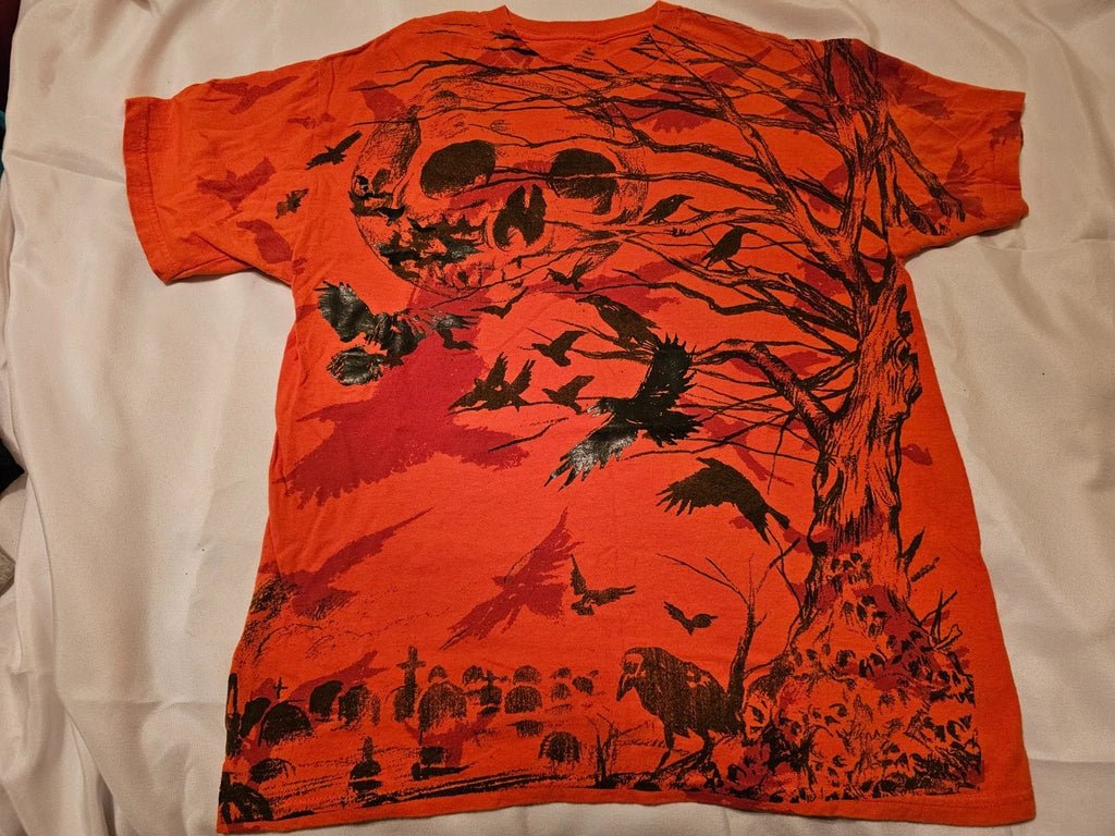 Y2K Orange Halloween Skulls Ravens Shirt - Adult Size Medium