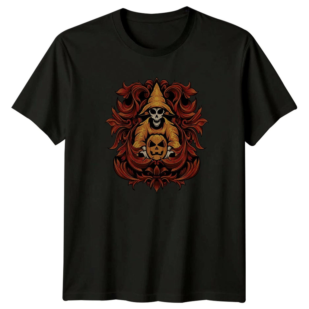 Wizard Skull Pumpkin Ornate Design T-Shirt Gothic Spooky Halloween Gift