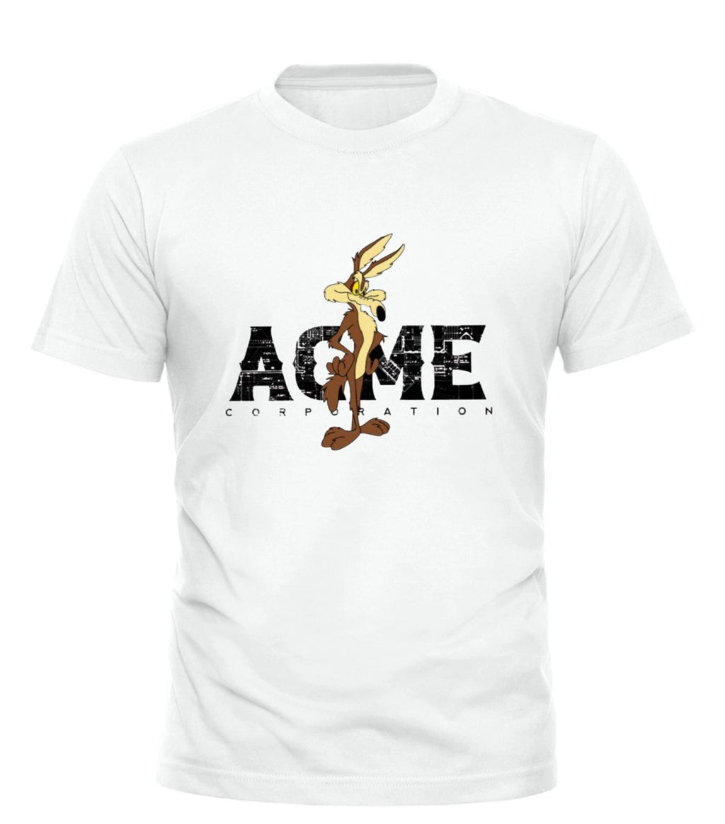 Wile E. Coyote ACME Roadrunner Cartoon 80s Mens T Shirt Colour White